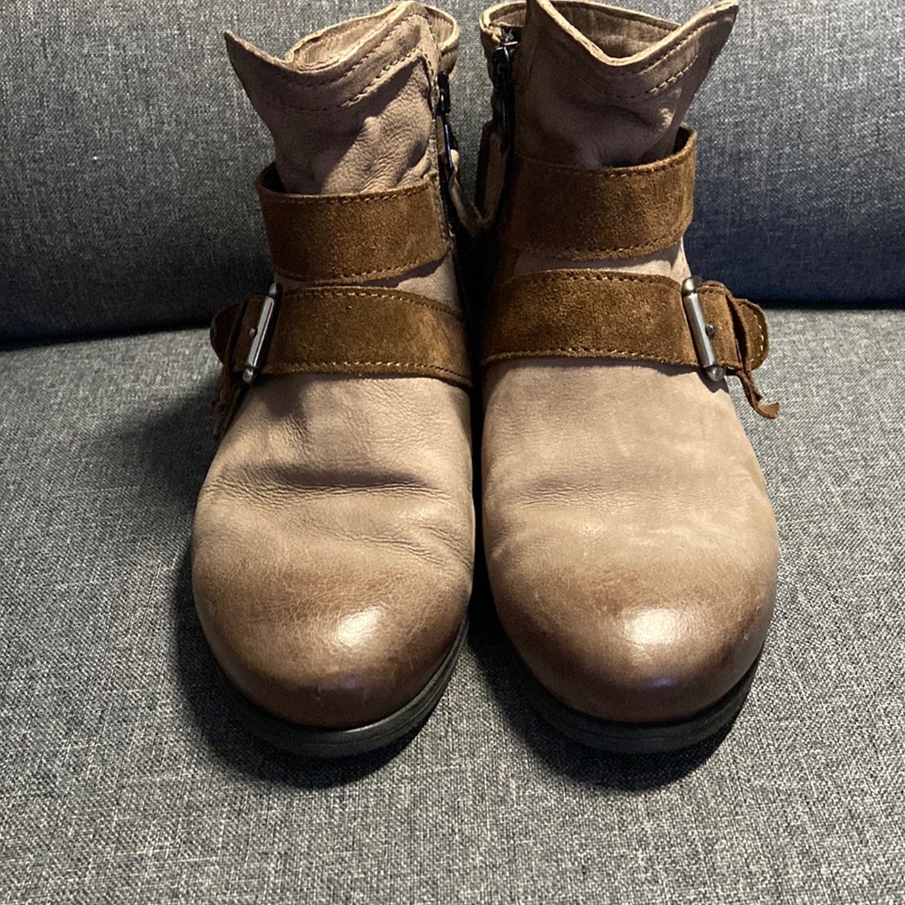 Miz Mooz - Spencer Leather Buckle Ankle Boots, 38 (7.5-8) wide in light brown.